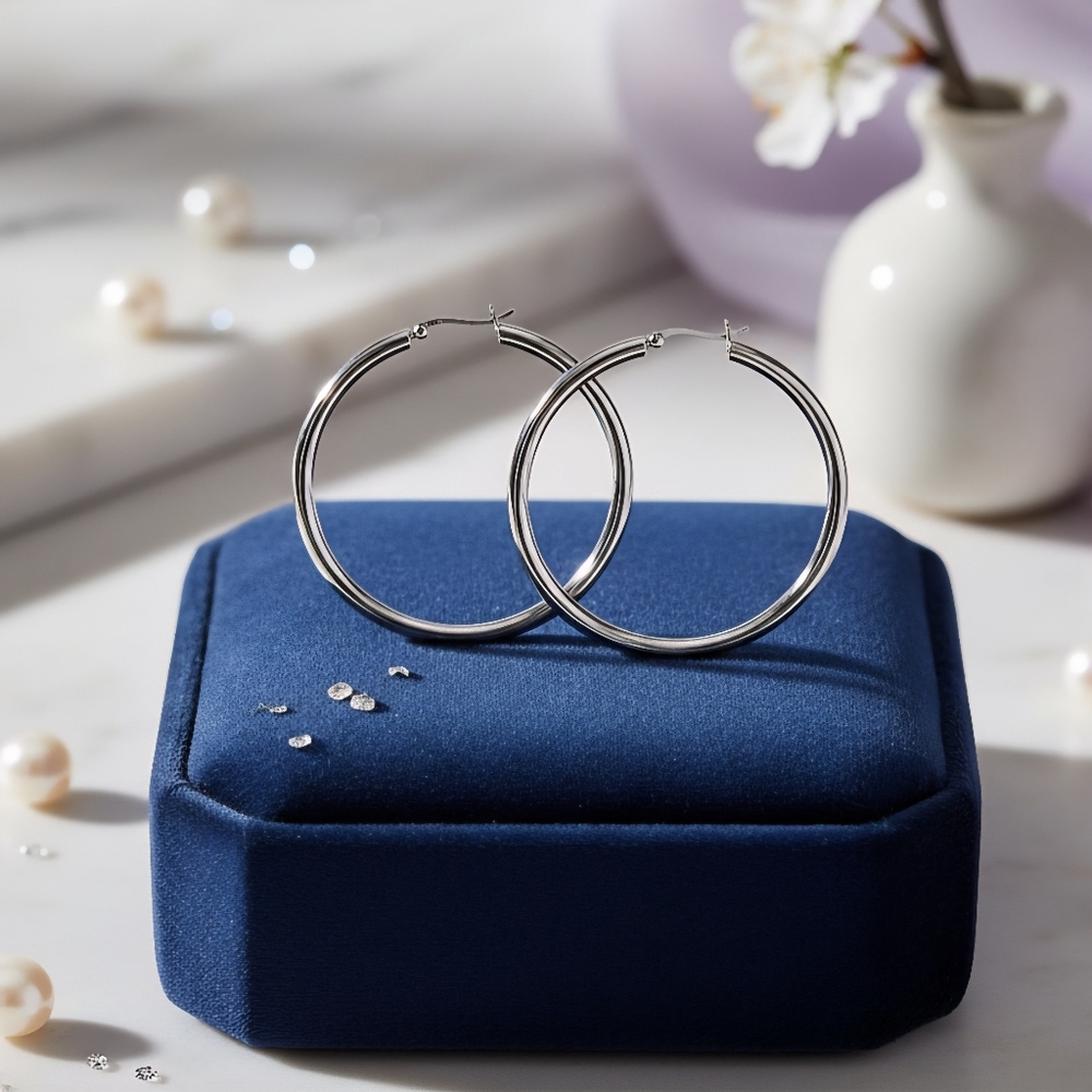 White Gold Plated Stainless Steel Large 2 Inch Hoop Earrings Minimalist Fashion 28$